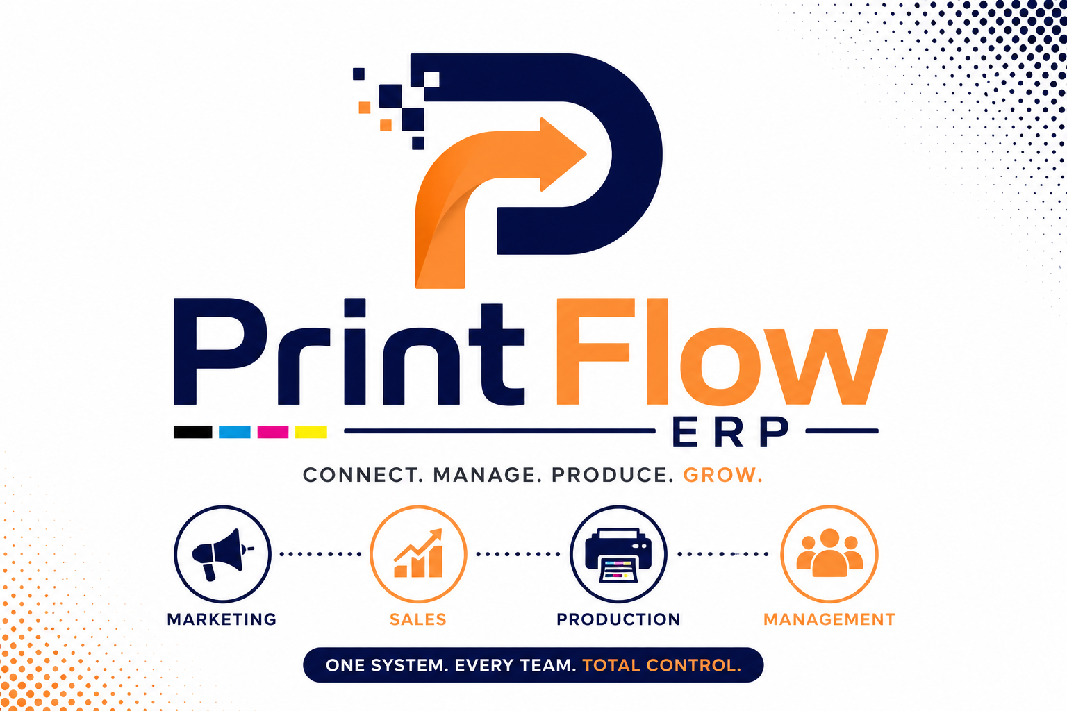 Print Flow ERP — Connect, Manage, Produce, Grow. Print shop management software dashboard.